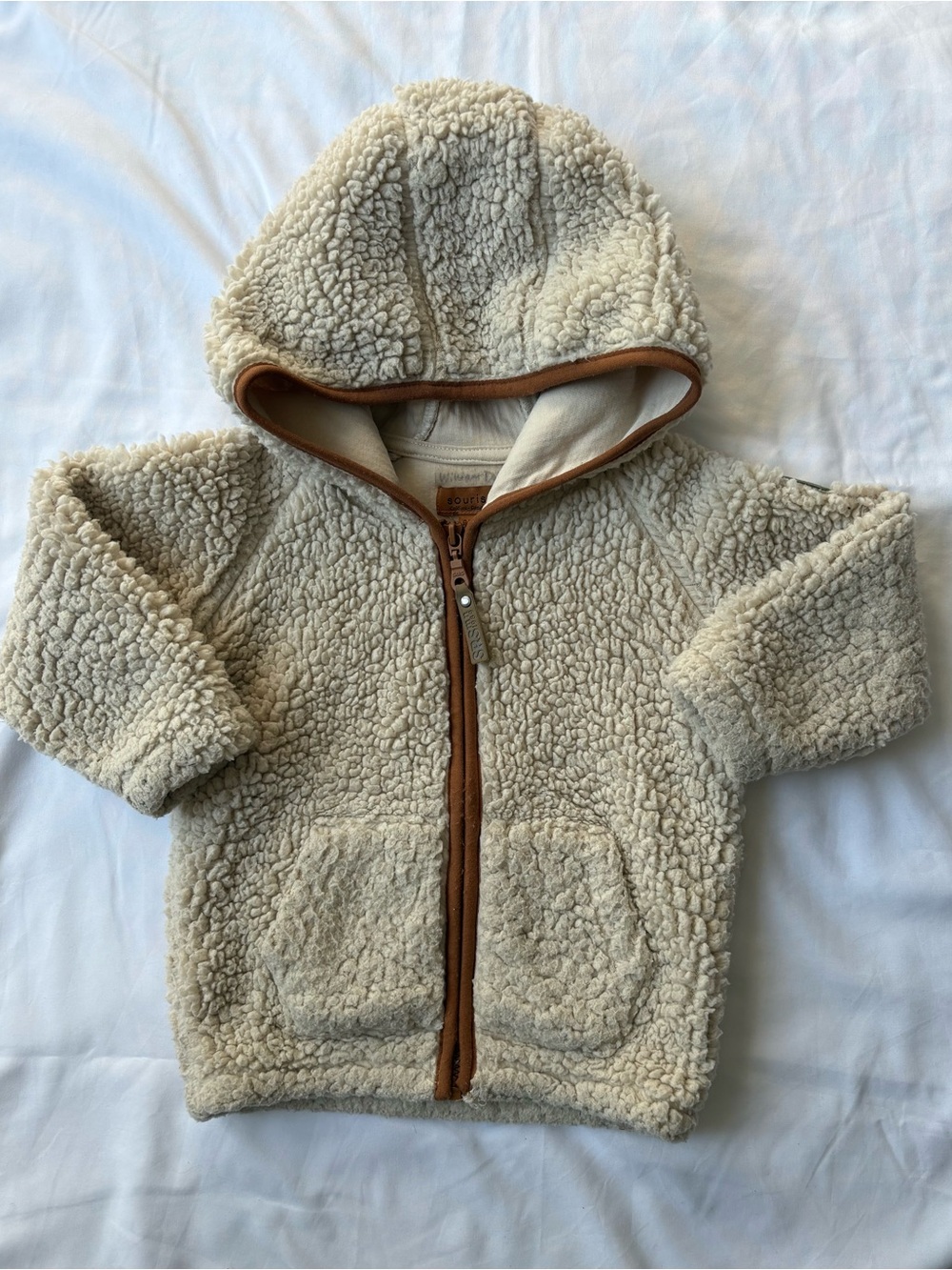 Souris Mini Cream Sherpa Zip Hoodie with Brown Trim